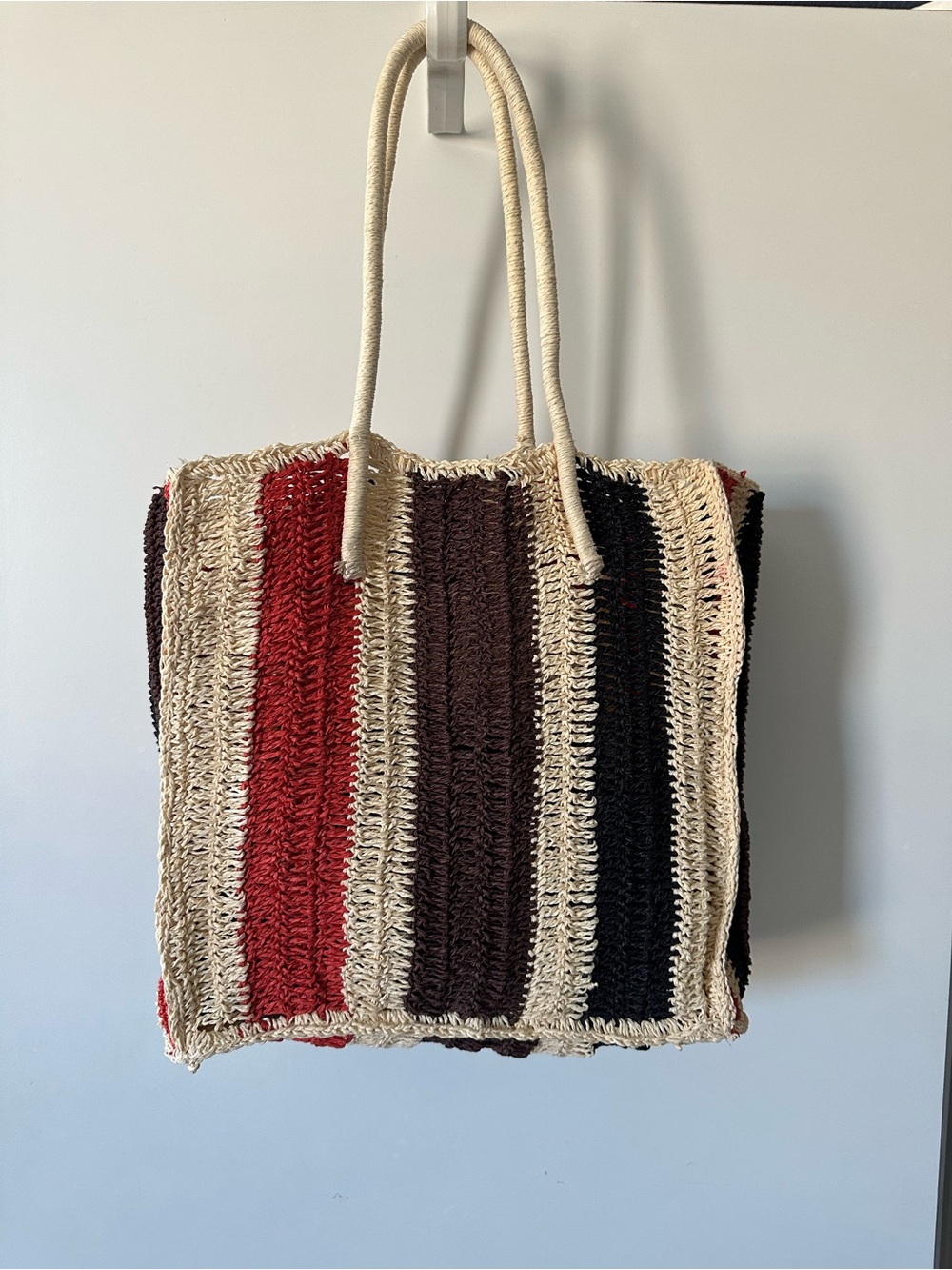 Zara Striped Crochet Tote in Orange/Red, Brown, Black, and Cream